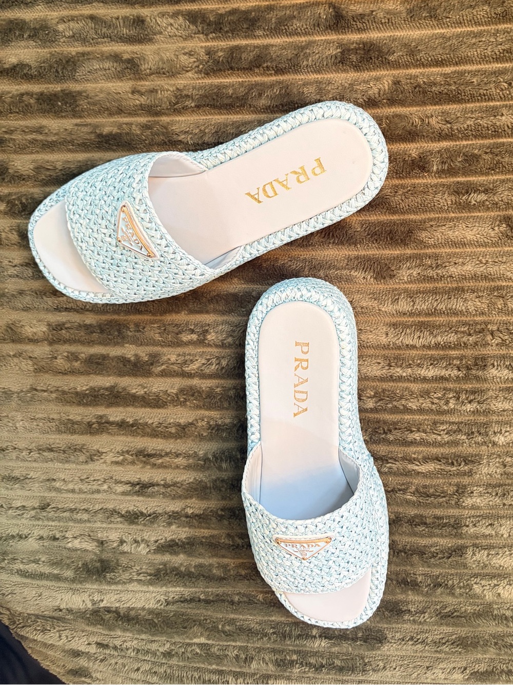 Prada Pale Blue Woven Raffia Slide Sandals - Size 39